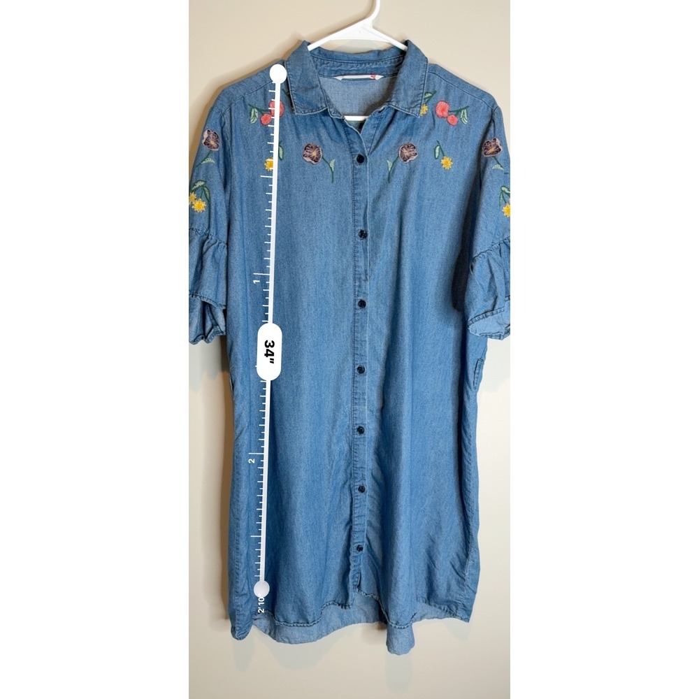 Given Kale Embroidered Floral Chambray Floral Shirt Dress‎ Button Front Boho - Picture 4 of 8